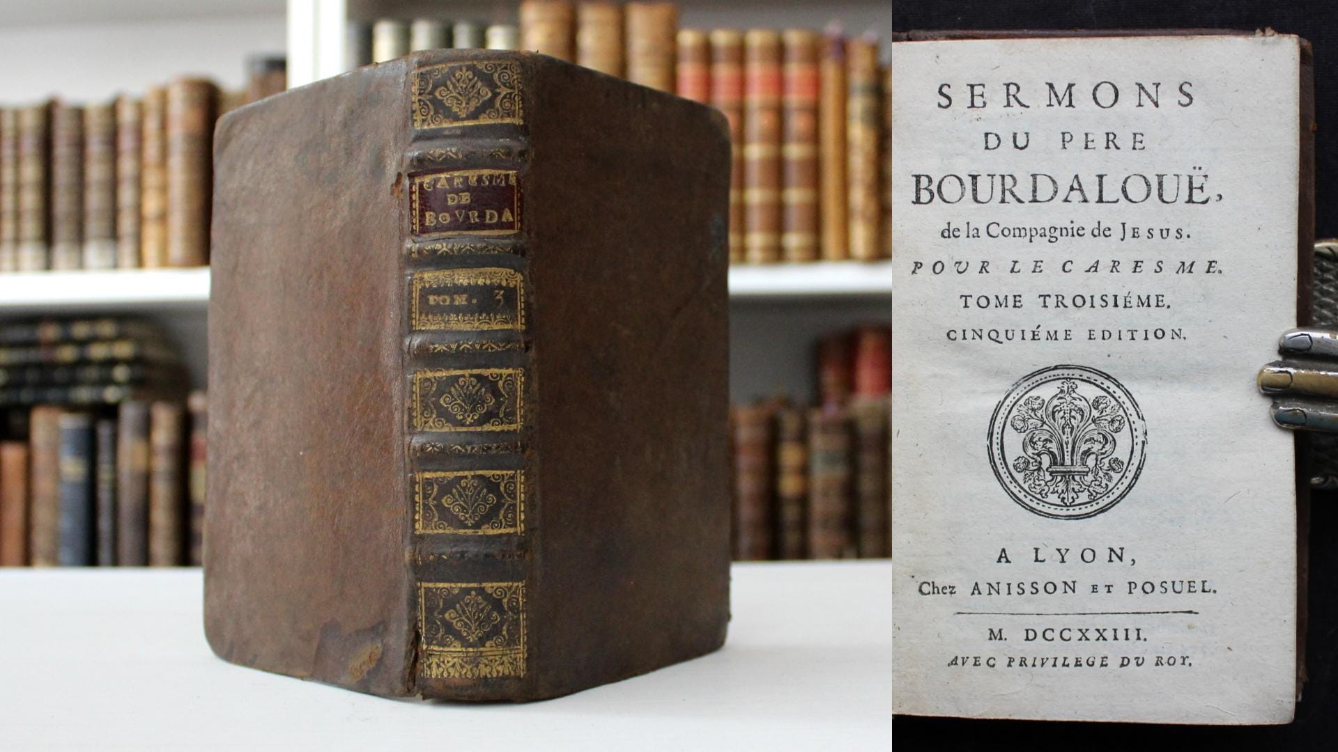 アンティークのフランス製革装丁本：1700年代初頭のキリスト教テキスト