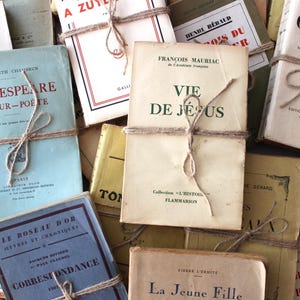 Puede incluir: Una colecci&oacute;n de libros antiguos con cubiertas de papel marr&oacute;n y cuerda atada alrededor de ellos. Los libros tienen t&iacute;tulos franceses, incluyendo "Vie de Jesus" y "La Jeune Fille".
