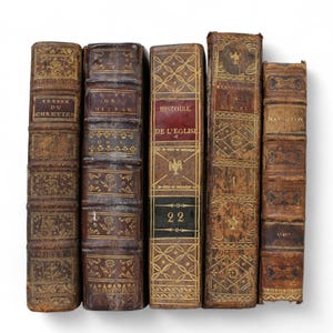 Set di libri antichi francesi del 1700: rilegati in pelle, religiosi, decorati in 5 volumi