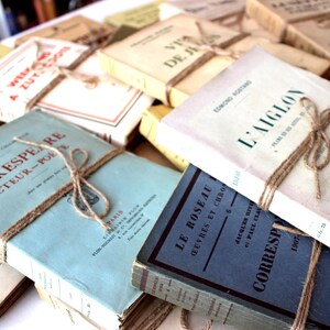 Puede incluir: Una pila de libros antiguos de tapa dura con cuerda marr&oacute;n atada alrededor. Los libros tienen t&iacute;tulos franceses, incluyendo "Shakespeare Acteur-Po&egrave;te", "Le Roseau" y "L'Aiglon".