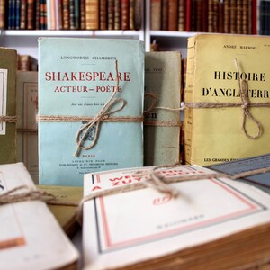 Puede incluir: Una colecci&oacute;n de libros antiguos de tapa dura con cubiertas de papel marr&oacute;n y cuerdas atadas alrededor. Los libros tienen t&iacute;tulos como "Shakespeare Acteur-Po&egrave;te" y "Histoire d'Angleterre".