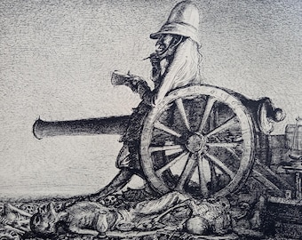 May include: A detailed black and white etching depicts a figure atop a cannon, smoking a pipe. The scene includes a large cannon wheel, a figure in a hat, and a pile of skulls and bodies in the foreground. The artwork has a historical theme.