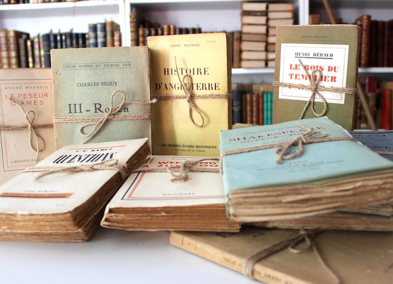 Puede incluir: Una colecci&oacute;n de libros antiguos de tapa dura con cubiertas de papel marr&oacute;n y cuerdas atadas alrededor. Los libros tienen t&iacute;tulos franceses, incluyendo "Histoire d'Angleterre" y "Le Bois du Temmer".