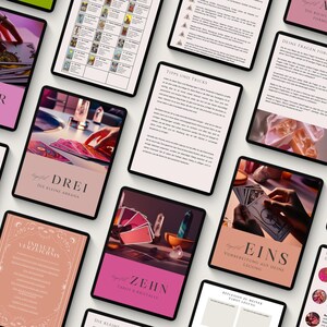 May include: A collection of tablets displaying tarot card readings and guides. The tablets feature various card spreads, text, and images of hands interacting with tarot cards. The titles include "VIER", "DREI", "ZEHN", and "EINS".