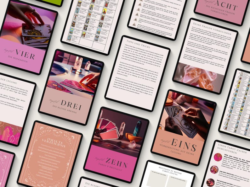 May include: A collection of tablets displaying tarot card readings and guides. The tablets feature various card spreads, text, and images of hands interacting with tarot cards. The titles include "VIER", "DREI", "ZEHN", and "EINS".