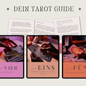 May include: A digital tarot guide with the title "DEIN TAROT GUIDE" at the top. The image shows three tablets displaying tarot card readings, each with a different chapter title: "VIER", "EINS", and "F&Uuml;NF". The background includes printed guides.