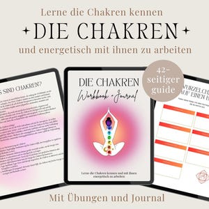 以下が含まれることがあります： ピンクとオレンジのグラデーションの背景を持つ「Die Chakren」というタイトルのデジタルワークブックとジャーナル。表紙には、背骨に沿って7つのカラフルなチャクラを持つヨガのポーズをとった白いシルエットの人物が描かれています。「42-seitiger guide」というテキストは、ピンクとオレンジのグラデーションの円の中にあります。「Wurzel Chakra auf einen Blick」というテキストは、ピンクとオレンジのグラデーションの白いボックスの中にあります。「Lerne die Chakren kennen und mit ihnen energetisch zu arbeiten」というテキストは黒文字で書かれています。「Mit Übungen und Journal」というテキストは黒文字で書かれています。