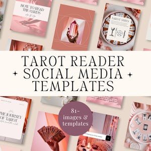 Könnte beinhalten: Eine Sammlung von 81 Social-Media-Vorlagen für Tarot-Leser. Die Vorlagen haben rosa und weiße Hintergründe mit Bildern von Tarotkarten, Kristallen und anderen mystischen Bildern. Der Text "Tarot Reader Social Media Templates" wird in einer großen, fetten Schrift angezeigt.