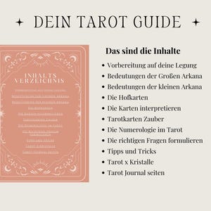May include: A tarot guide with the title "DEIN TAROT GUIDE" in black text. The image features a peach-colored card with the words "INHALTS VERZEICHNIS" and a list of contents in German. The background is a light beige color.