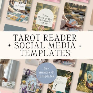 Könnte beinhalten: Eine Sammlung von Social-Media-Vorlagen für Tarot-Leser. Das Bild zeigt verschiedene Layouts mit Tarotkarten-Illustrationen, Textüberlagerungen und sanften, neutralen Farbpaletten. Text enthält "Tarot Readings Tips" und "The Journey of Tarot".