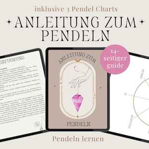Puede incluir: Tres páginas digitales con instrucciones sobre cómo usar un péndulo para la adivinación. La primera página tiene el título "Einführung" y texto sobre la naturaleza de los péndulos. La segunda página muestra una mano sosteniendo un péndulo rosa con el título "Anleitung zum Pendeln". La tercera página tiene un gráfico de péndulo en blanco con las palabras "Ja", "Vielleicht", "Nein" y "Unklar" alrededor del círculo.