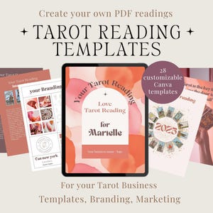 Könnte beinhalten: Eine digitale Illustration einer Tarot-Lesemuster für Canva. Die Vorlage ist rosa und orange mit dem Text "Your Tarot Reading" und "Love Tarot Reading for Marielle". Das Bild enthält auch ein Textfeld für Ihren Firmennamen. Das Bild ist von anderen Tarot-Lesemustern umgeben.