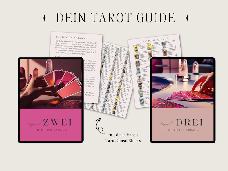 May include: A digital tarot guide with the text "DEIN TAROT GUIDE" at the top. The image features two tablets displaying tarot cards, cheat sheets, and the words "ZWEI" and "DREI". The guide includes printable tarot cheat sheets.