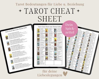Può includere: Tre cheat sheet digitali per le letture di carte dei tarocchi, incentrate sull'amore e le relazioni. Le schede sono intitolate "Tarot cheat sheet zum Thema Liebe" e "Dein Spick-zettel".