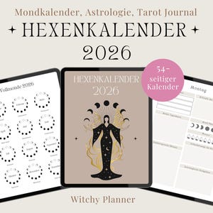 Könnte beinhalten: Drei digitale Tablets, die einen Hexenplaner anzeigen. Das mittlere Tablet zeigt eine Frau mit einem Mondsichel-Design, dem Text "HEXENKALENDER 2026". Die anderen Tablets zeigen Mondphasen und Tagesplanerseiten. Der Text "Witchy Planner" steht unten.
