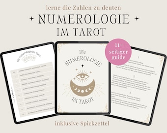 May include: Three digital tablets displaying information about numerology in tarot. The central tablet features the text "NUMEROLOGIE IM TAROT" with an eye and crescent moon design. The other tablets show lists and text from the guide.
