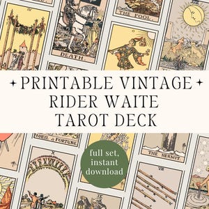 Könnte beinhalten: Ein Vintage Rider Waite Tarotkartenset mit Illustrationen in Beige, Gelb und Schwarz. Die Karten zeigen verschiedene Designs. Der Text "PRINTABLE VINTAGE RIDER WAITE TAROT DECK" ist prominent. Ein grüner Kreis zeigt "full set, instant download."
