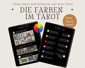 May include: A cheat sheet for tarot card readers, showing the colors of the tarot cards and their meanings. The colors are displayed in a color wheel and the meanings are listed next to each color. The text on the cheat sheet is in German.