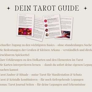 May include: A beige background with the text "DEIN TAROT GUIDE" and several sheets of paper with text and images. Bullet points below list topics such as tarot basics, card meanings, and rituals.