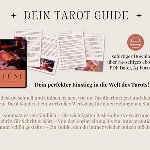May include: A digital tarot guide with the title "DEIN TAROT GUIDE" in German. The image includes a tablet displaying a tarot card, several pages of text, and the text "Dein perfekter Einstieg in die Welt des Tarots!"