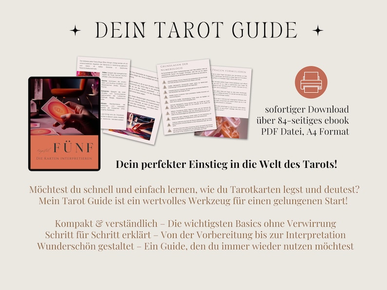 May include: A digital tarot guide with the title "DEIN TAROT GUIDE" in German. The image includes a tablet displaying a tarot card, several pages of text, and the text "Dein perfekter Einstieg in die Welt des Tarots!"