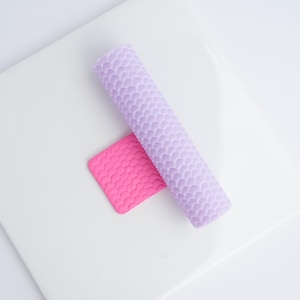 Peut inclure: Gros plan sur deux tapis en silicone texturés. L'un est rectangulaire rose vif, l'autre est une forme cylindrique allongée violet clair. Les deux ont un motif en forme d'écailles, sur fond blanc.