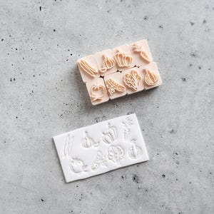 May include: A set of eight small, light peach-coloured vegetable stamps featuring individual designs of a tomato, carrot, garlic, and other produce, alongside a single white rectangular silicone mould with matching vegetable indentations.