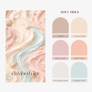 Könnte beinhalten: Ein pastellfarbenes Kunstwerk mit wirbelnden Texturen, Muscheln und Perlen. Die Farbpalette umfasst Rosa-, Creme- und Blautöne. Der Text "elizabeth lee CLAY" befindet sich unten links. Eine Farbpalette mit dem Text "SOFT TIDES" befindet sich auf der rechten Seite.