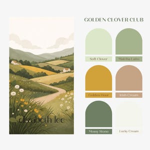 May include: A color palette card titled GOLDEN CLOVER CLUB featuring an illustration of a rolling landscape with hills, fields, and houses. Six arched color swatches are labeled Soft Clover, Matcha Latte, Golden Hour, Irish Cream, Mossy Stone, and Lucky Cream.