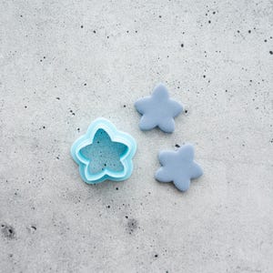 May include: A light blue star-shaped cookie cutter positioned next to two small, solid, matte grey star-shaped cutouts. The cutter features a hollow center and a raised rim, while the two cutouts are smooth and uniform in their five-pointed shape.