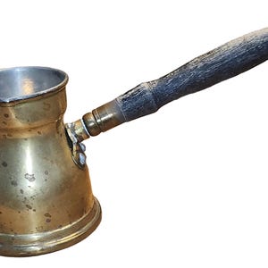 Vintage Antique Turkish Brass Tin Lined Cezve Coffee Pot Black Wooden Handle. Br11