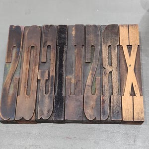 May include: Wooden letterpress blocks spelling out "20128X". The blocks are various shades of brown and black, with visible wear and tear. The letters are arranged in a single row, showcasing the vintage typography.