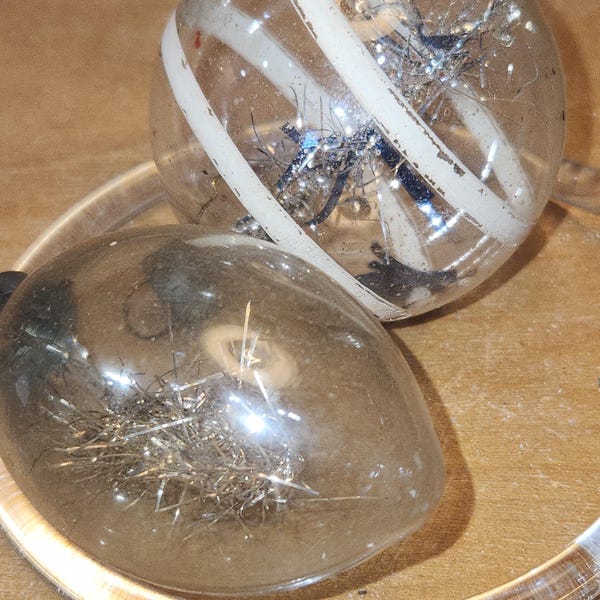 Vintage Circle and Teardrop Unsilvered Transparent Glass Ornament with Tinsel Inside WWII Era 1940s Set of 2 Clear with Tinsel AS IS vo761