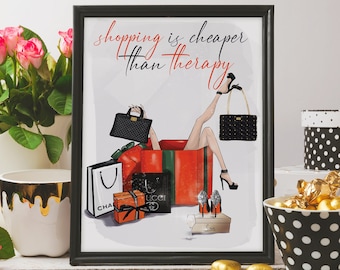 Luxe Designer Poster Fashion Shopping Quote Print Designer Wall Art Hoge hakken handtas illustratie Home Decor Cadeau voor haar