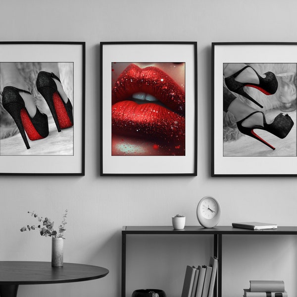 Louboutin Heels Poster Stampa 3 pezzi Wall Art Designer di lusso Fotografia di moda Labbra Stampa artistica Tacchi alti Immagine / Foto Decorazione per la casa Regalo