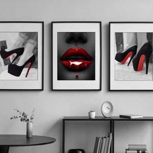 Luxury Fashion Designer 3 A4 Poster Print High Heels Lips Illustration Photo Picture Wall Home Glamour Decor Louboutin Red Bottom Glitter