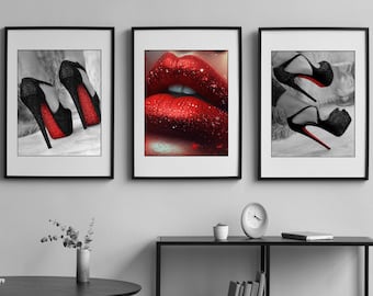 Louboutin Heels Poster Print 3 Piece Wall Art Luxury Designer Fashion Photography Lips Art Print High Heels Picture / Photo Home Decor Gift
