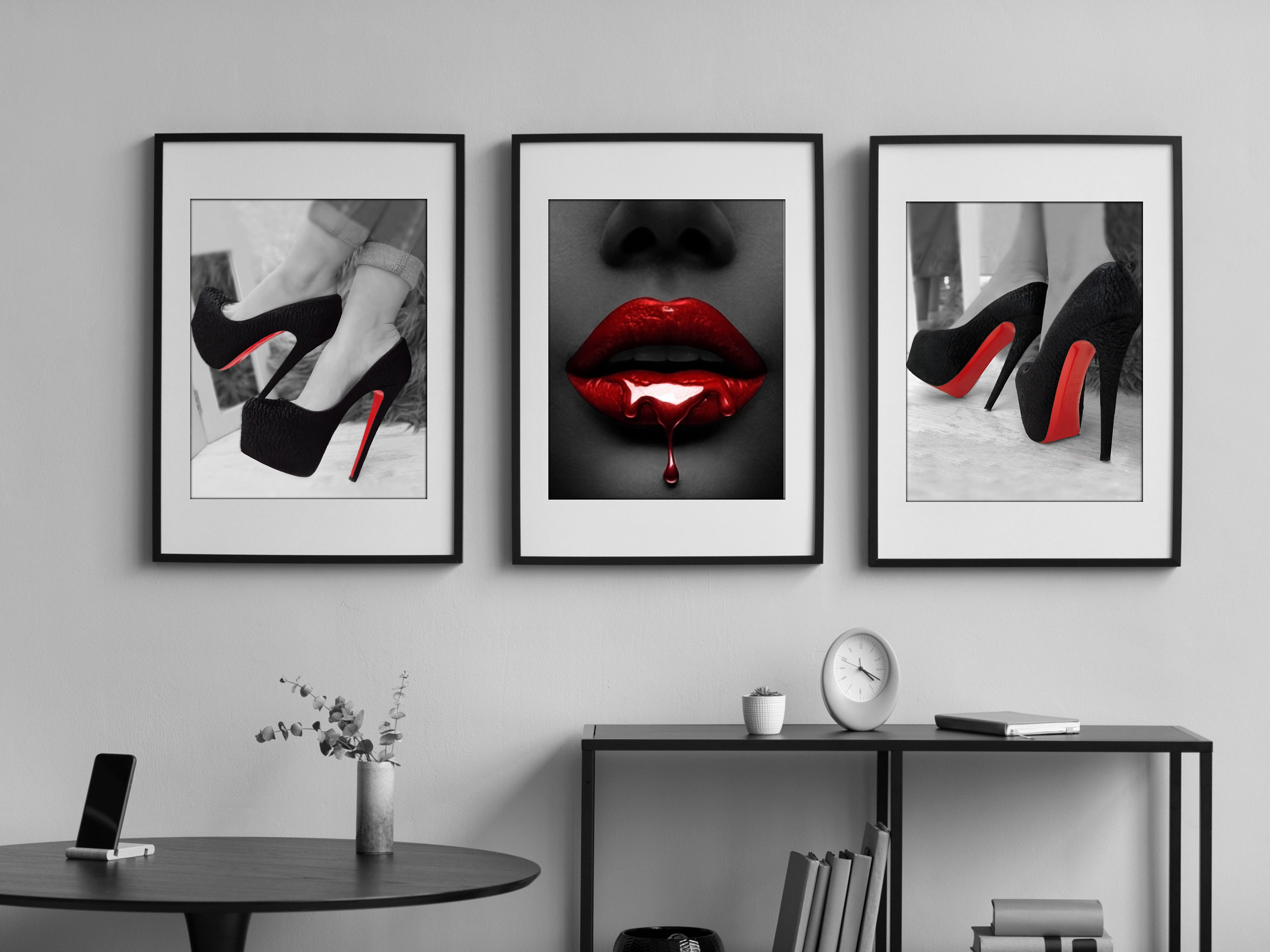 Luxe Modeontwerper 3 A4 Poster Print Hoge Hakken Lippen Illustratie Foto Foto Muur Home Glamour Decor Louboutin Rode Onderkant Glitter