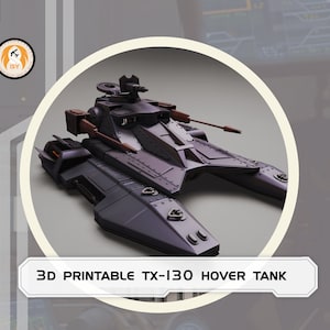 May include: A 3D printed model of a futuristic hover tank, the TX-130, with a dark gray color scheme and a detailed design. The tank has a large, flat top with a turret and a long, thin barrel. The tank has a pair of large, flat wings on either side of the body.