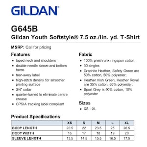 May include: Gildan Youth Softstyle T-Shirt size chart with measurements in inches for body length, body width, and sleeve length. Sizes range from XS to XL.