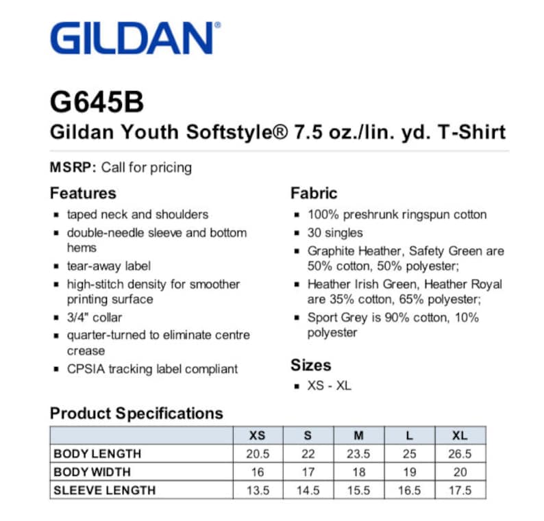 May include: Gildan Youth Softstyle T-Shirt size chart with measurements in inches for body length, body width, and sleeve length. Sizes range from XS to XL.
