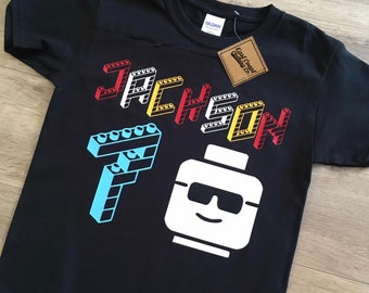 Mini Figure Building Brick Block Birthday T-shirt - Customize for any name or age!