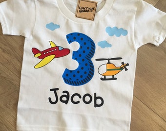 Plane and Helicopter Themed Birthday Shirt - Customize for any name or age for free!