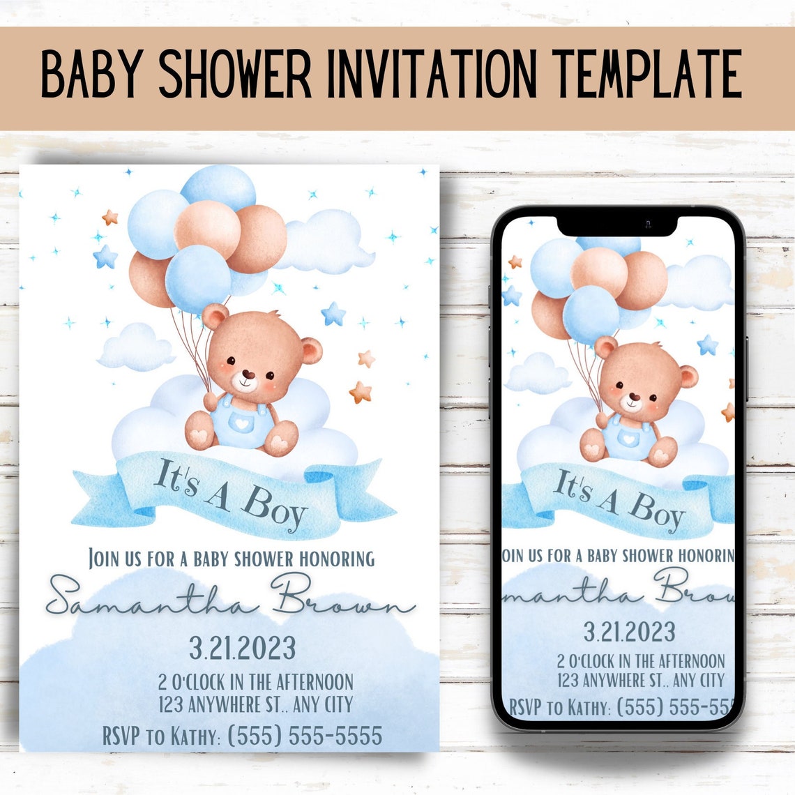 Editable Its A Boy Baby Shower Invitation Blue Balloons Clouds - Etsy