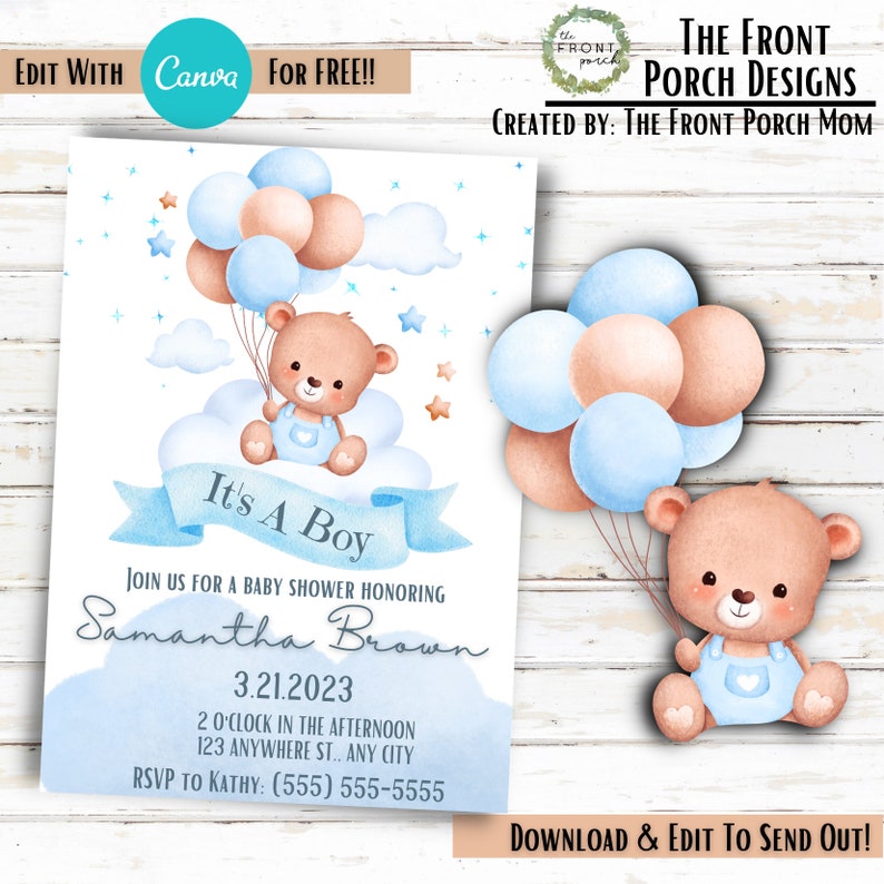 Editable Its A Boy Baby Shower Invitation Blue Balloons Clouds - Etsy