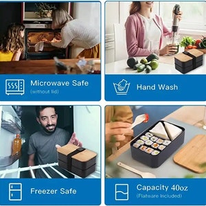 May include: A black and brown bento box with a wooden lid. The box is microwave, freezer, and dishwasher safe. It has a capacity of 40 ounces and includes flatware.