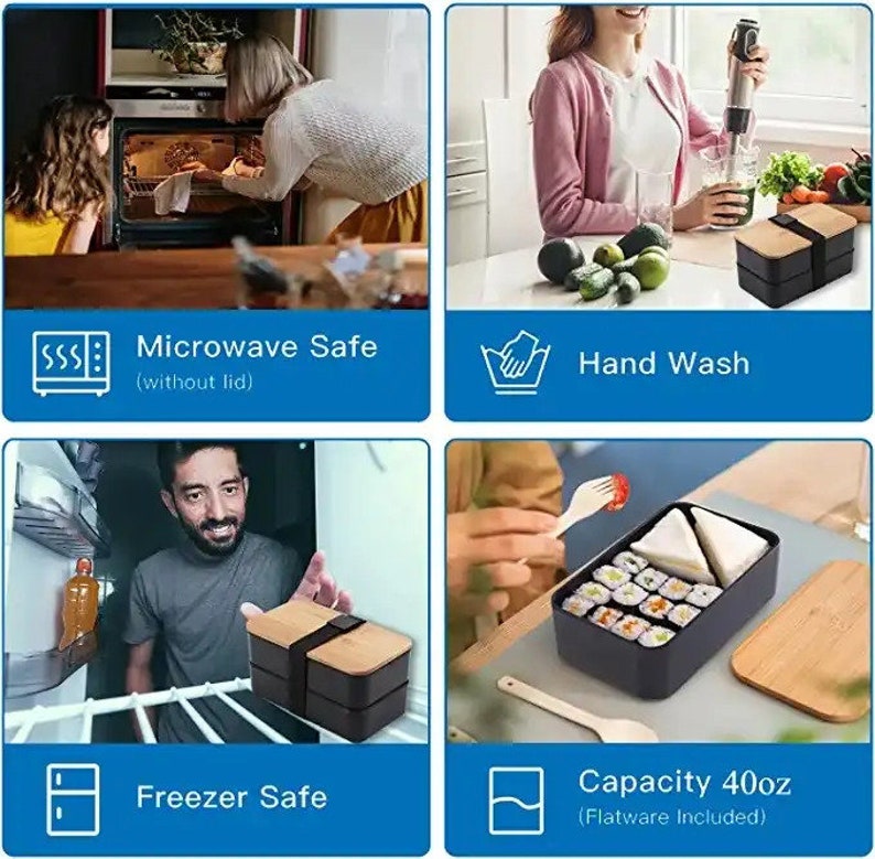 May include: A black and brown bento box with a wooden lid. The box is microwave, freezer, and dishwasher safe. It has a capacity of 40 ounces and includes flatware.