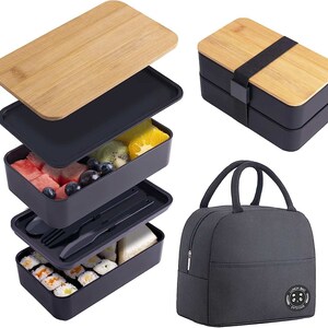 May include: A black and bamboo bento box with three tiers and a matching insulated lunch bag. The bento box has a removable lid and is filled with fruit, sushi, and other snacks. The lunch bag has a black fabric exterior with a white logo that says "Lunch Bag".