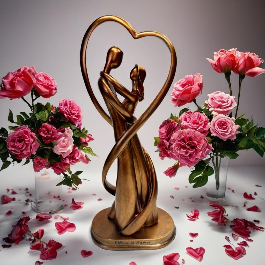 Personalised Couple Figurine, Anniversary Gift for Him or Her Resin Sculpture with Heart, Bronze or Silver Finish, Custom Names Personalized