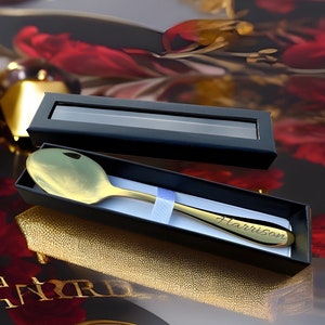 Personalised Tea Spoon Gift Heavy-Duty Metal Tea Spoon for Serving, Gifting, and Home Decor with Laser Engraved Signs on the Handles, Gold